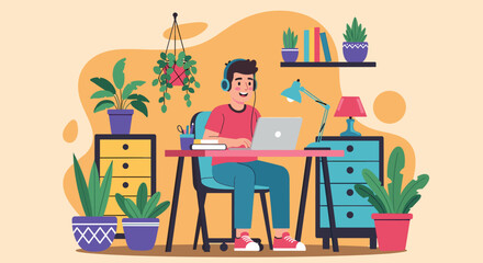 Obraz premium Young man working from home in a cozy and productive environment, ideal for blog posts about remote work or productivity.