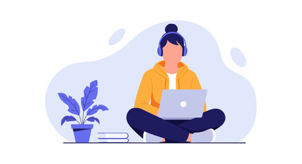 Young woman working from home, using laptop and headphones. Perfect for blog posts, website banners, or social media.