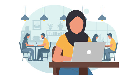 Diverse group of people working on laptops in a modern cafe, perfect for illustrating remote work or coworking concepts.