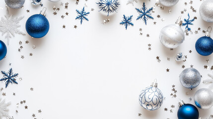 Fototapeta premium Christmas decorations concept. Top view vertical photo of blue white silver baubles snowflake star ornaments and confetti on isolated white background with copy space 