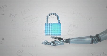 After pause robotic arm entering frame bringing cloud turning padlock into shield showing security - Powered by Adobe