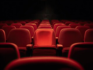 Empty movie theater.  Rows of red seats