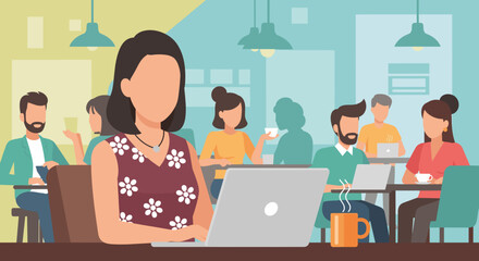 Woman working on laptop in a modern cafe, ideal for website banners or blog posts about remote work or coworking spaces.