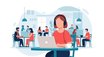 Woman working on laptop in a busy cafe, perfect for illustrating remote work, coworking spaces, or the digital nomad lifestyle.