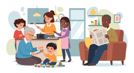 Happy multigenerational family cooking and playing together at home. Perfect for family, togetherness, and wellbeing concepts.