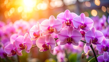 Vibrant pink orchids bloom beautifully with soft sunlit bokeh in the background.