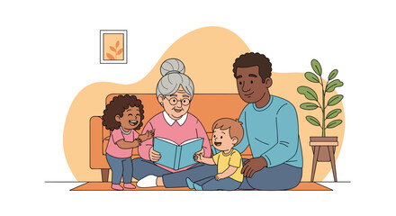 Grandparents reading to grandchildren: Illustration perfect for family blogs, children's books, or websites promoting family bonding.