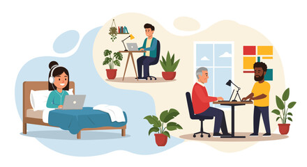 Diverse group of people working remotely from home, perfect for illustrating work from home concepts.