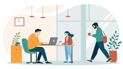 Modern office coworkers collaborating, working on laptop, drinking coffee. Ideal for website banners, brochures, and marketing materials.