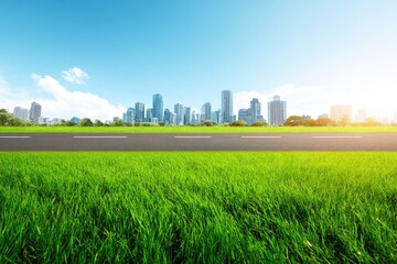 Lush green field leading to a city skyline on a clear day