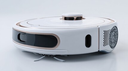 and keyword list, based on the image, following your formatting instructions

 White Round Robot Vacuum Cleaner Cleans on a Clean White Surface in Indoor Environment.