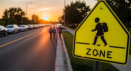 School zone sign alerts drivers to children crossing the street. It's the end of the day as students walk away during sunset.