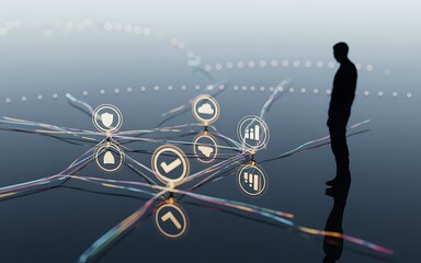 Futuristic business strategy concept with a manager's silhouette observing a complex data network. Abstract visualization of cloud computing, security, and analytics for corporate growth.