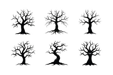 Collection of six distinctive bare tree silhouettes with intricate branching patterns
