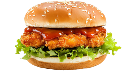  Delicious chicken burger, double burger with crispy chicken meat, salad and sauce isolated on white background