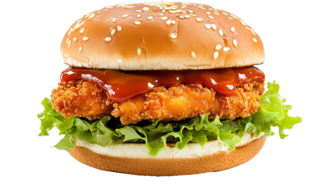  Delicious chicken burger, double burger with crispy chicken meat, salad and sauce isolated on white background