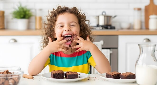 A child with curly hair is gleefully enjoying chocolate brownies, her face and hands covered in chocolate, showcasing pure joy and a messy treat.