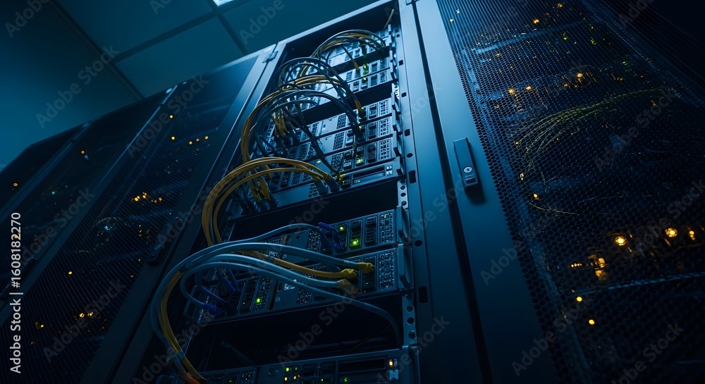 Poster server racks in a data center with cables connected. bright leds illuminating. network and storage. 