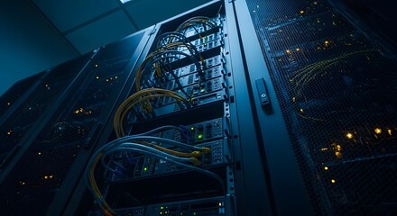 Obraz premium Server racks in a data center with cables connected. Bright leds illuminating. Network and storage. Modern technological infrastructure.