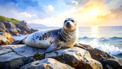 Seal resting on rocks at sunrise (1)