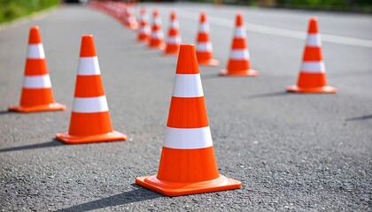Orange traffic cones lined on asphalt road