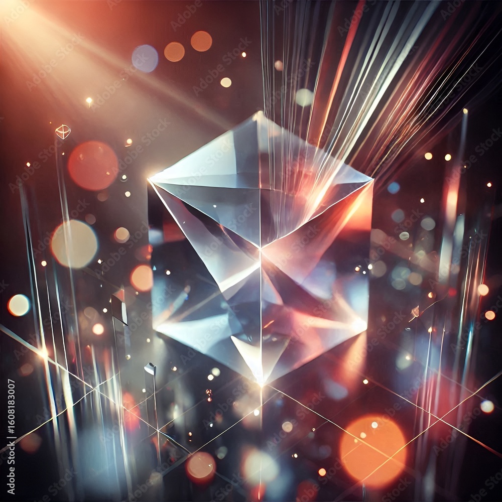 Poster abstract crystalline cube radiates ethereal light with a bokeh effect, evoking depth and wonder.