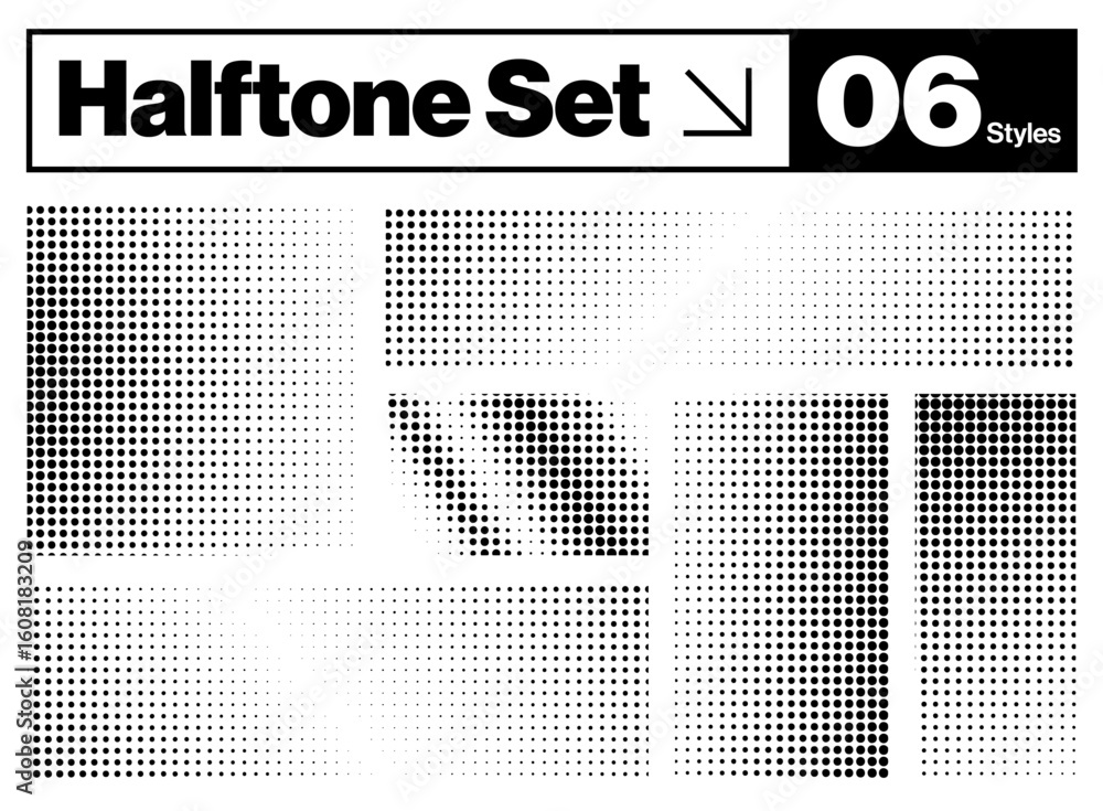 Poster halftone dot rectangle gradient texture vector set with transparent background, black and white retr