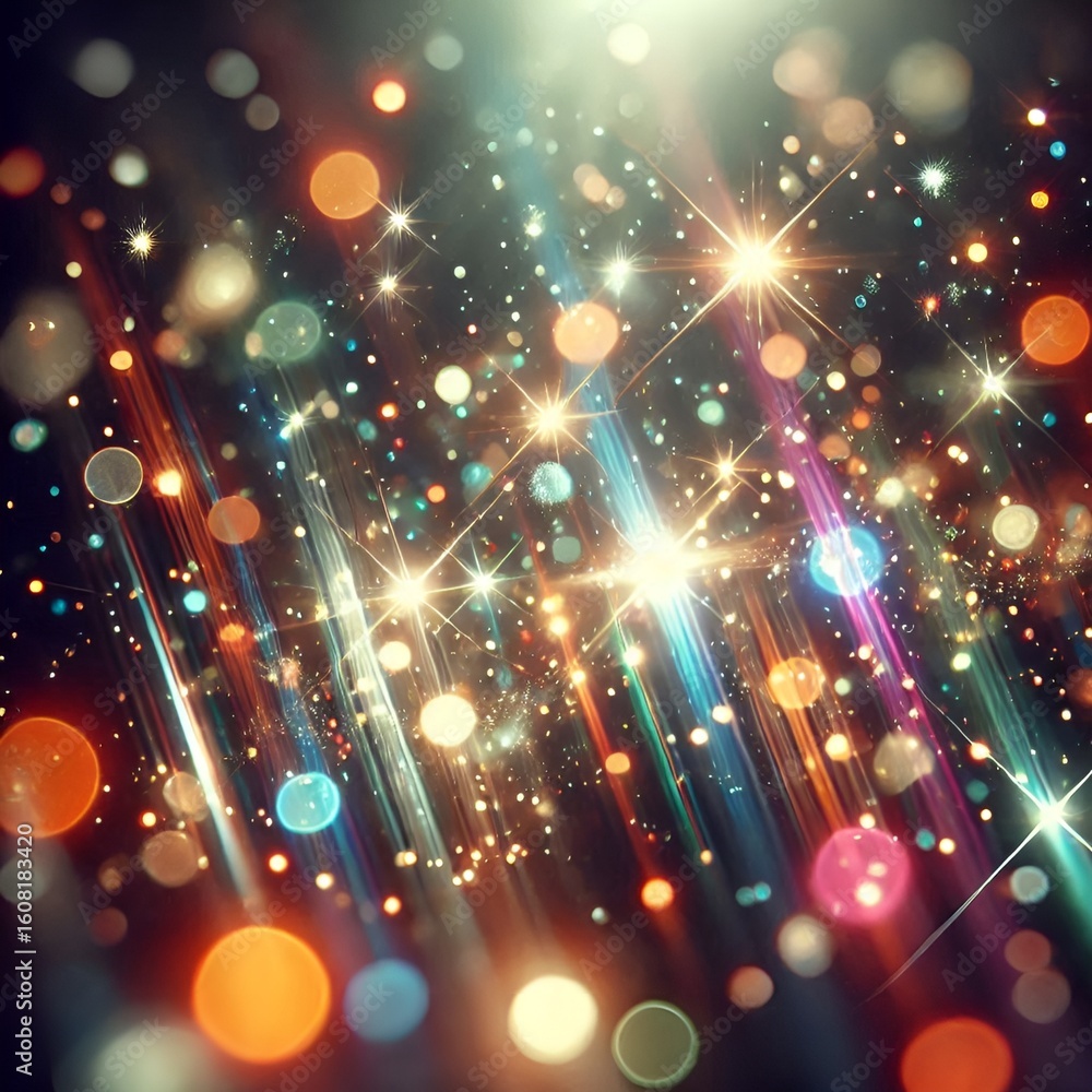 Poster abstract depiction of sparkling light beams and luminous bokeh orbs creating a magical atmosphere.