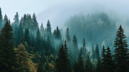 Misty mountain forest.  Dense evergreen trees on a misty mountainside.  Soft light, diffused through the fog