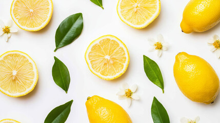 Fresh lemon with slices and flower with green leaf isolated on white background. Lemon pattern concept , clipping path