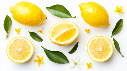 Fresh lemon with slices and flower with green leaf isolated on white background. Lemon pattern concept , clipping path