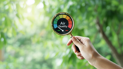 Discovering environmental health with a magnifying glass inspecting an air quality meter against lush green foliage and sunlit bokeh