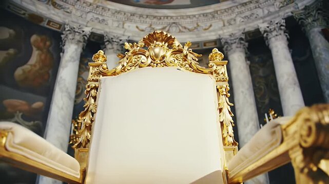 Opulent Golden Throne with White Seat in a Grand Hall with Marble Columns and Painted Ceiling