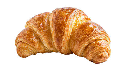 Freshly baked croissant isolated on white background. French pastry croissant closeup photo. Buttered bread croissant on white background. Fresh croissant bread isolated.