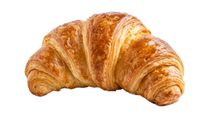 Freshly baked croissant isolated on white background. French pastry croissant closeup photo. Buttered bread croissant on white background. Fresh croissant bread isolated.