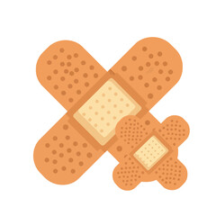 Two adhesive bandages, one large and one small, overlapping in a cross shape on a white background.