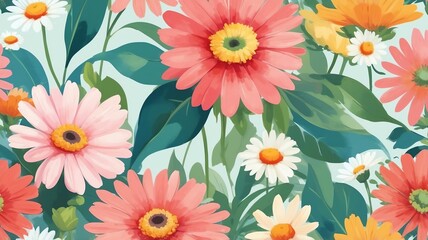 Floral Watercolor Pattern with Pink, Yellow, and White Daisies and Leaves