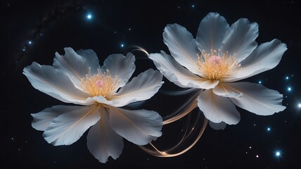 White Blossoms Floating in Dark Space with Stars and Ethereal Light