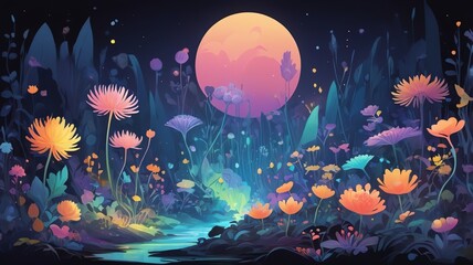 Magical Night Garden Scene with Glowing Moon and Colorful Flowers