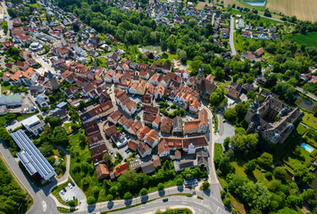 Aerial panoramic view around the old town of the city Neuenstein in Germany on a sunny spring day	