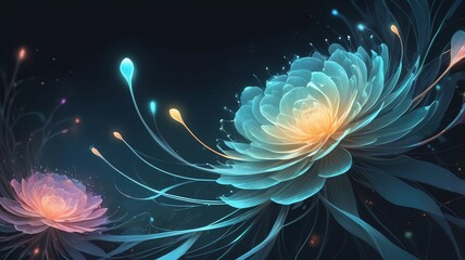 Glowing Floral Fantasy Illustration with Ethereal Light and Dark Background
