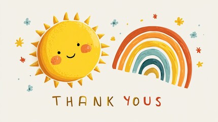 Cartoon sunny scene featuring 'Thank Yous' message, rainbow, flowers, sun