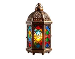  Ancient Moroccan Lantern with Colored Glass Panels, Isolated on White.