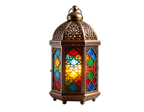  Ancient Moroccan Lantern with Colored Glass Panels, Isolated on White.