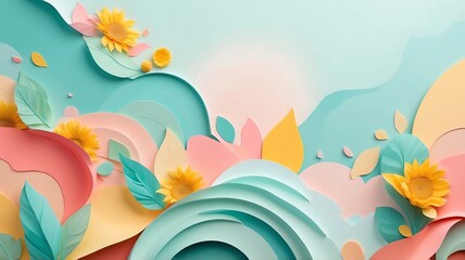 Pastel Paper Cut Flowers and Leaves Abstract Art Background Design