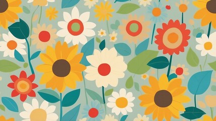 Floral Pattern with Colorful Flowers and Leaves on Light Green Background