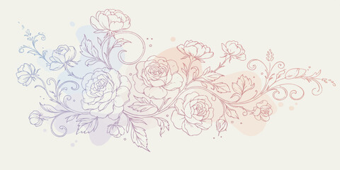 An elegant vector composition of blooming flowers and organic vines, illustrated with clean lines and soft pastel gradients
