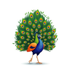 A vibrant illustration of a peacock displaying its colorful, elaborate tail feathers.