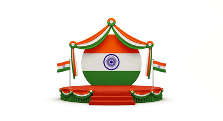 A 3D rendering of the Indian flag displayed on a stage with draped fabric and miniature flags.