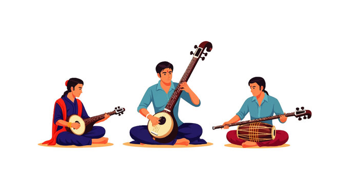 Three musicians playing traditional Indian stringed instruments while seated on the floor.